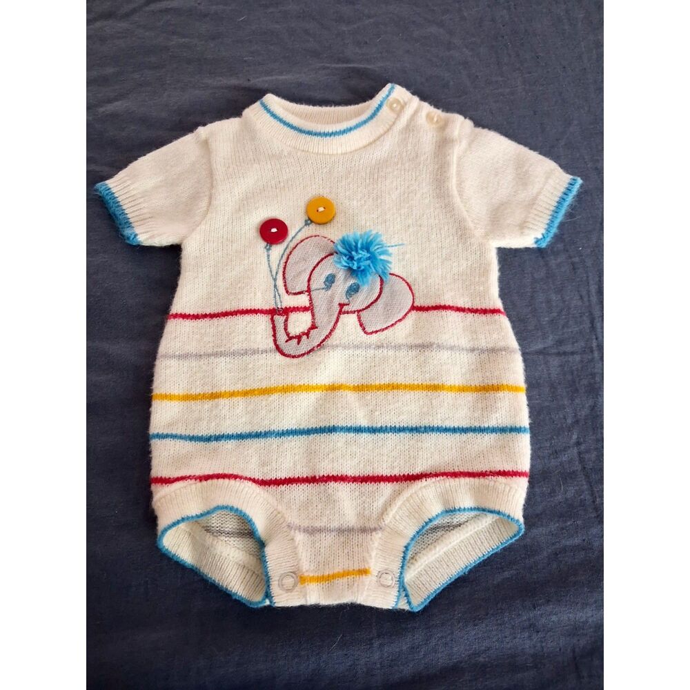 Vintage One Piece Knit Baby Romper 1960s Elephant Circus Snaps Colorful Stripes